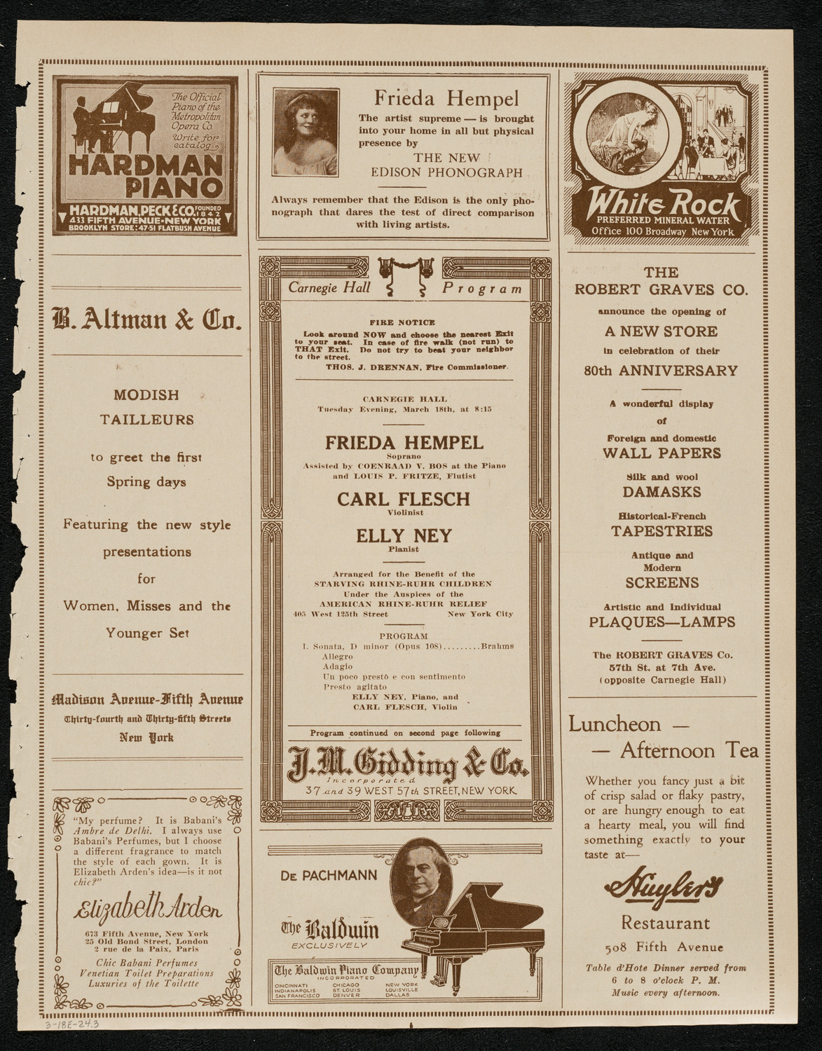 Frieda Hempel, Soprano, Carl Flesch, Violin, and Elly Ney, Piano, March 18, 1924, program page 5