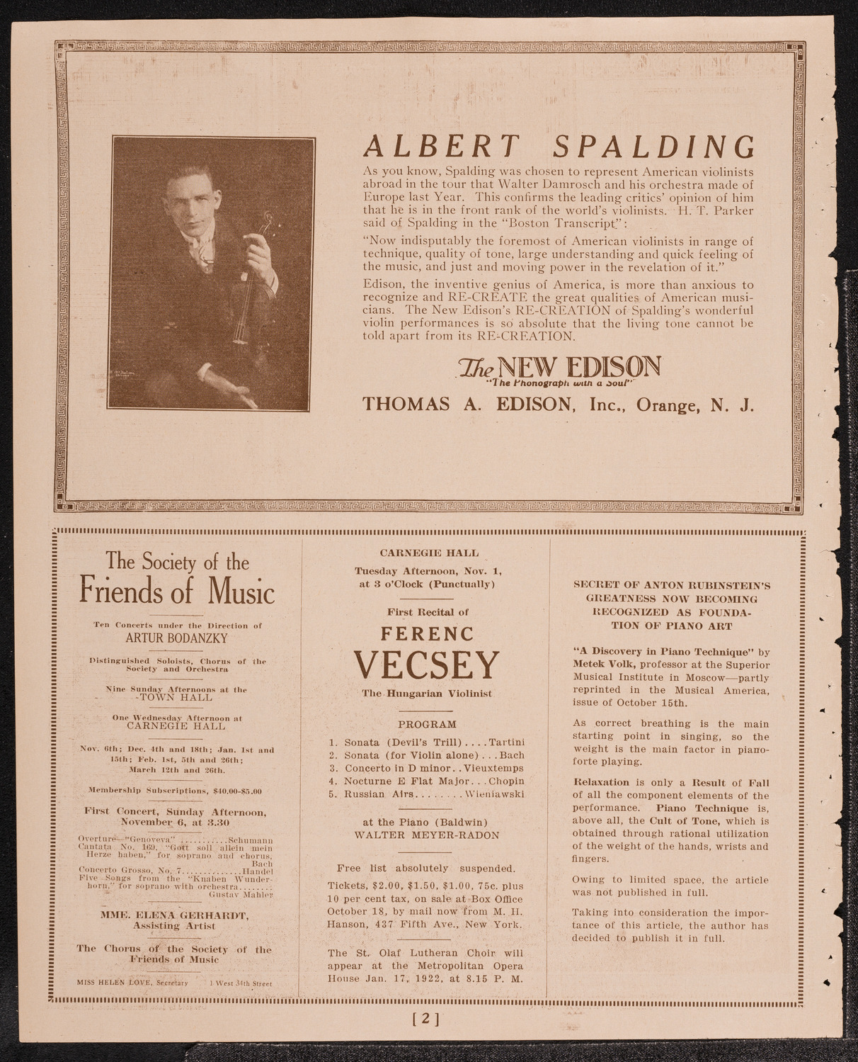 Richard Strauss with Philadelphia Orchestra, October 31, 1921, program page 2