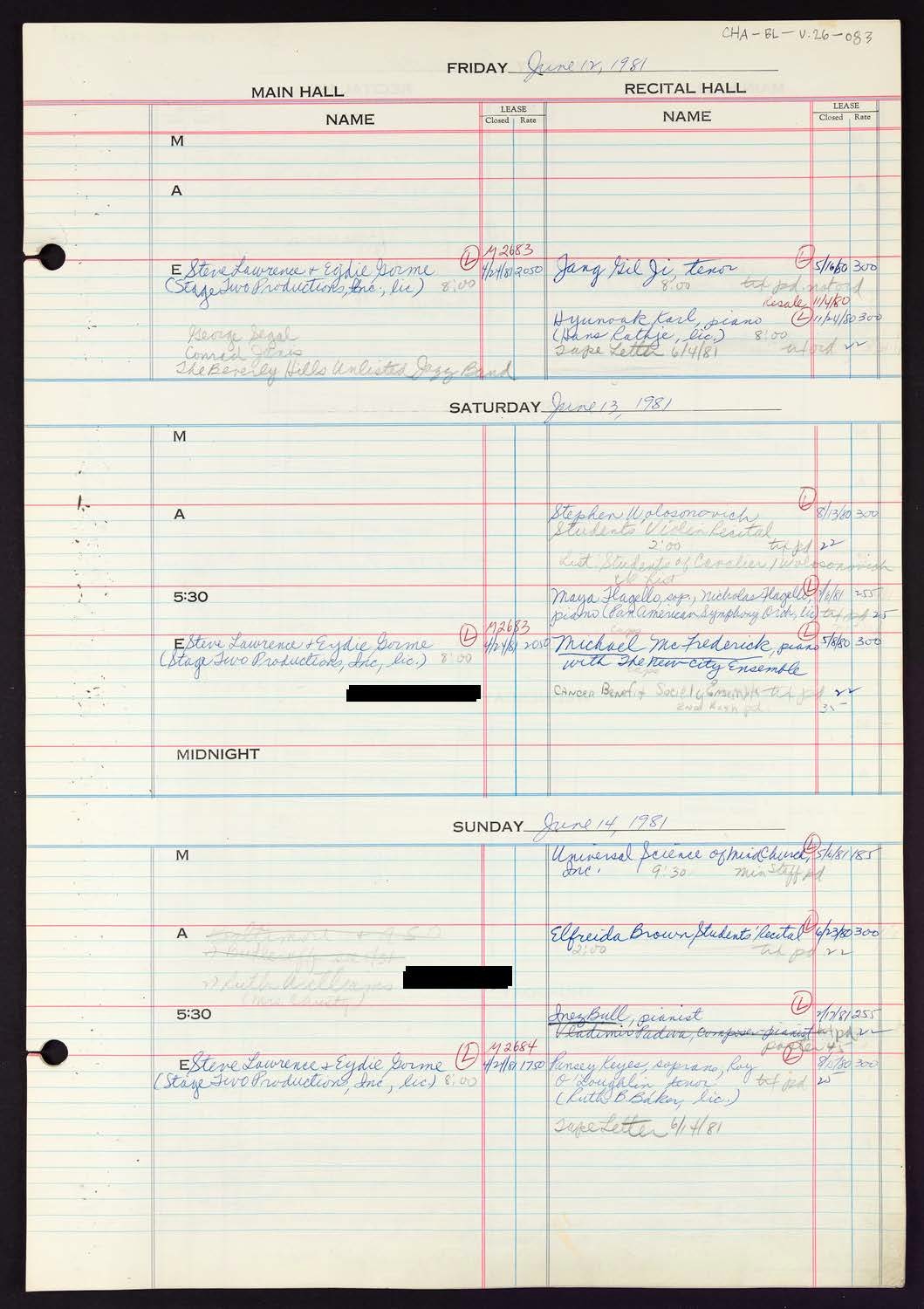 Carnegie Hall Booking Ledger, volume 26, page 83