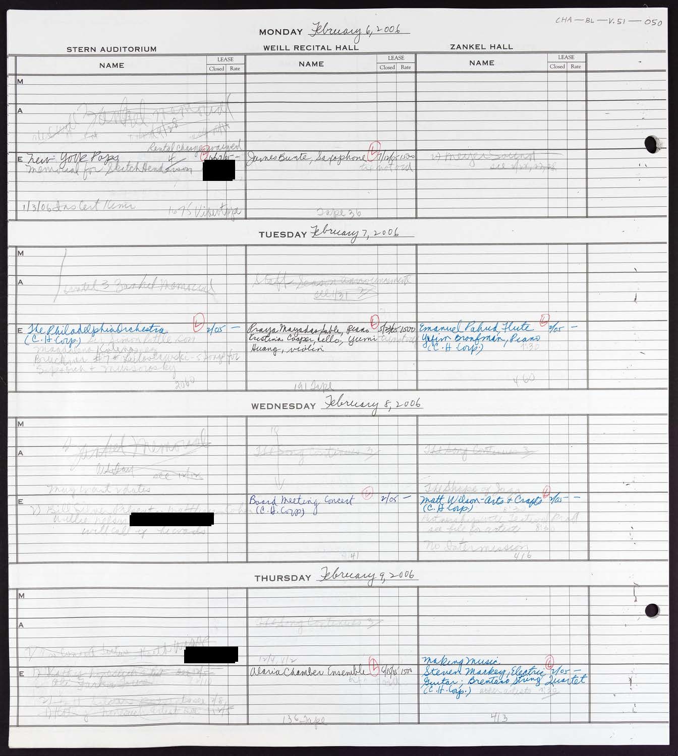 Carnegie Hall Booking Ledger, volume 51, page 50
