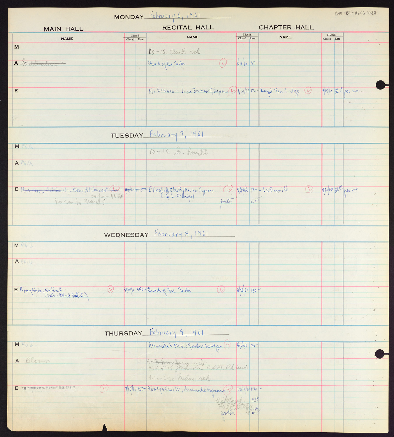 Carnegie Hall Booking Ledger, volume 6, page 38