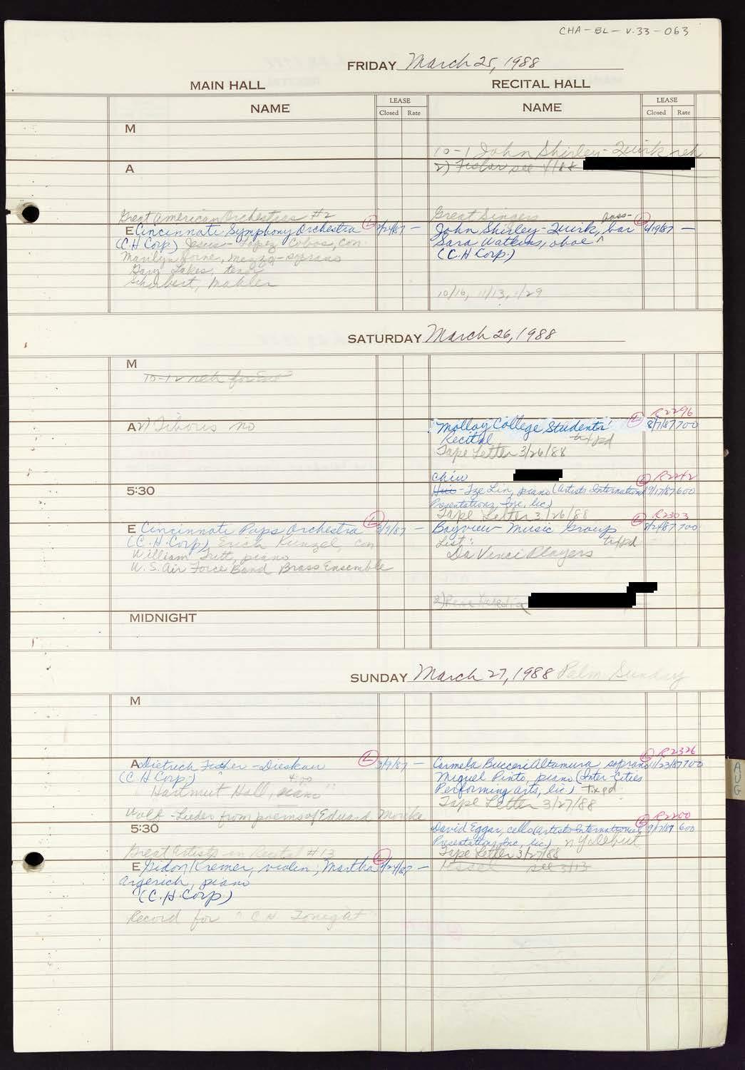 Carnegie Hall Booking Ledger, volume 33, page 63