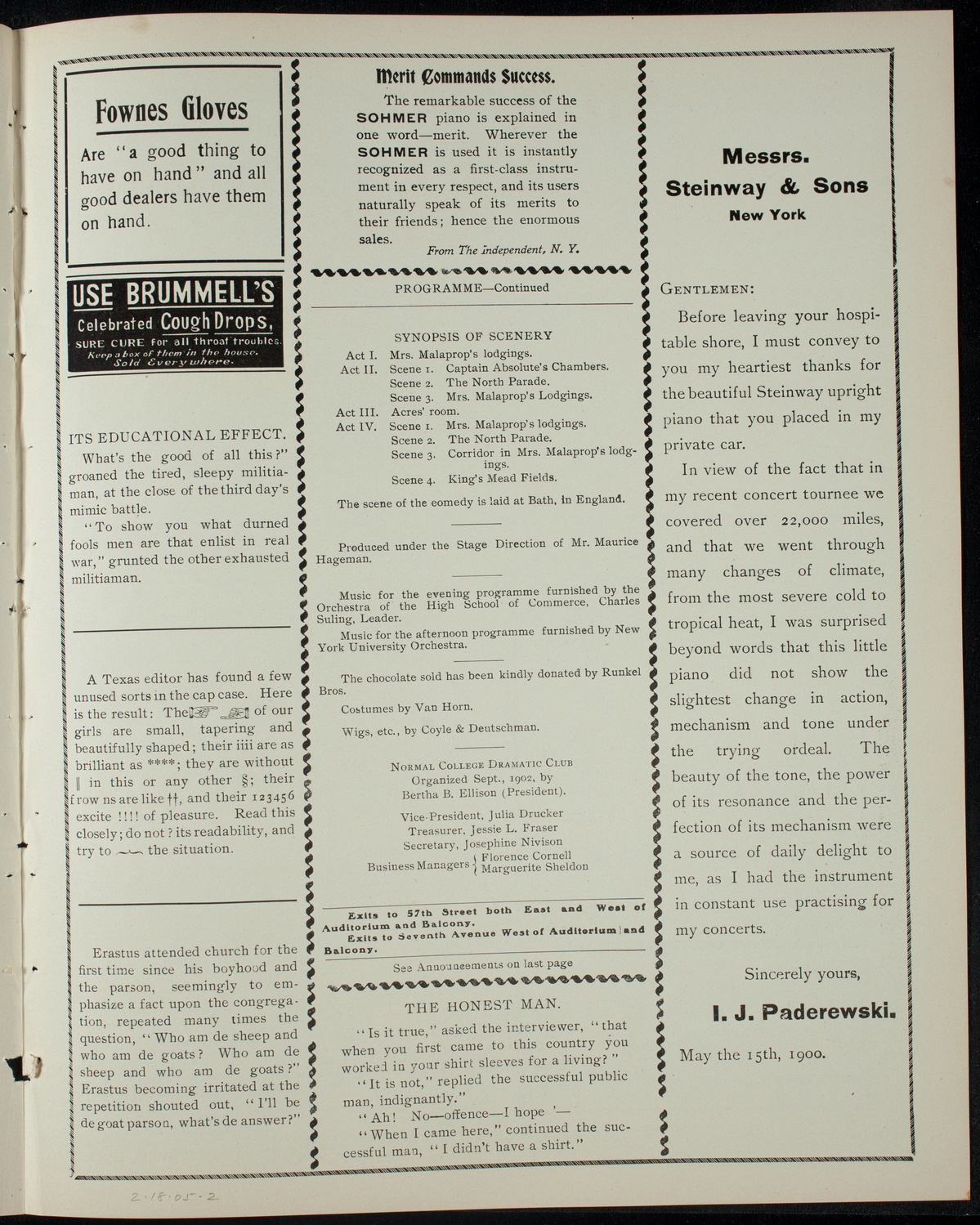 Normal College Dramatic Club, February 18, 1905, program page 3