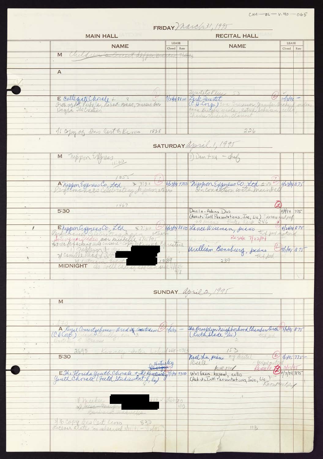 Carnegie Hall Booking Ledger, volume 40, page 65