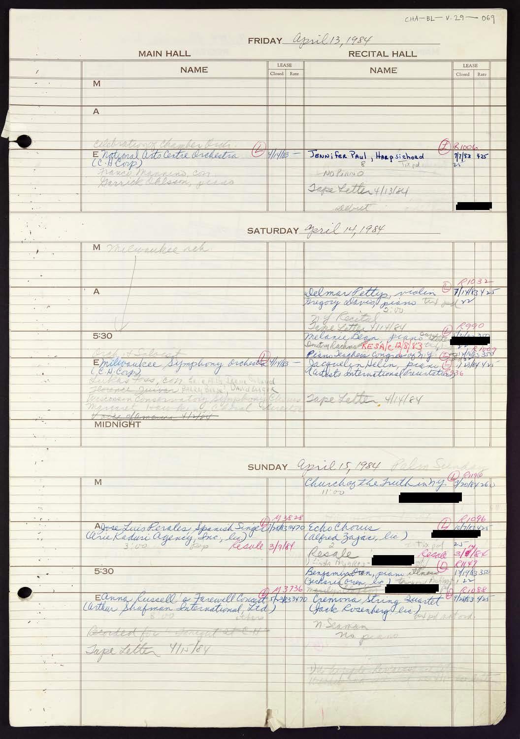 Carnegie Hall Booking Ledger, volume 29, page 69