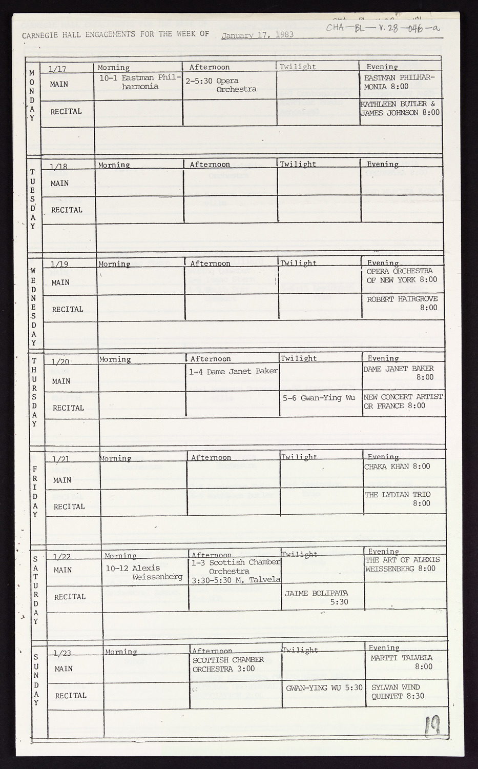 Carnegie Hall Booking Ledger, volume 28, page 46a