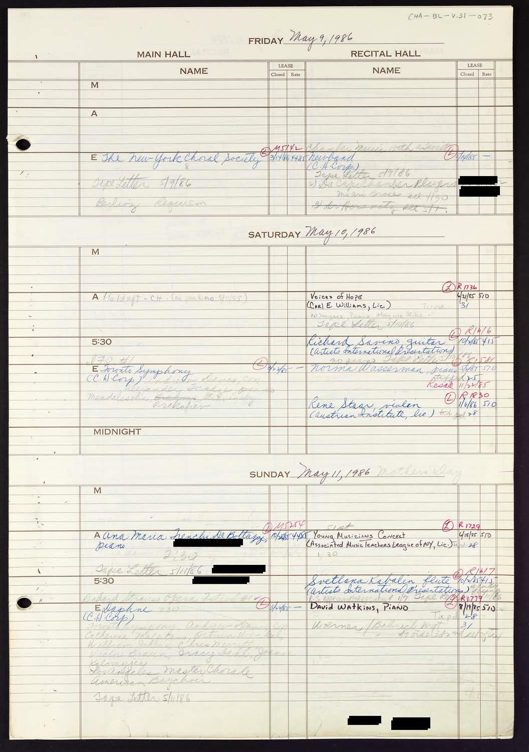 Carnegie Hall Booking Ledger, volume 31, page 73