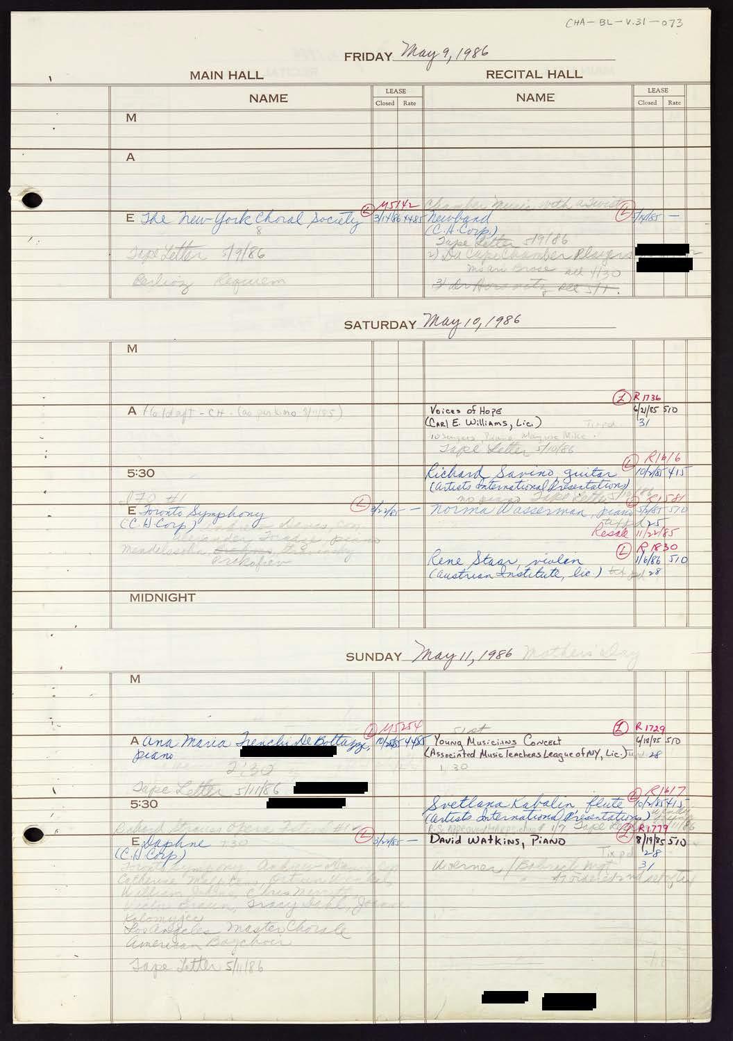 Carnegie Hall Booking Ledger, volume 31, page 73