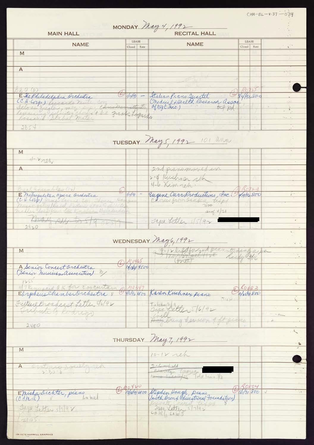 Carnegie Hall Booking Ledger, volume 37, page 74