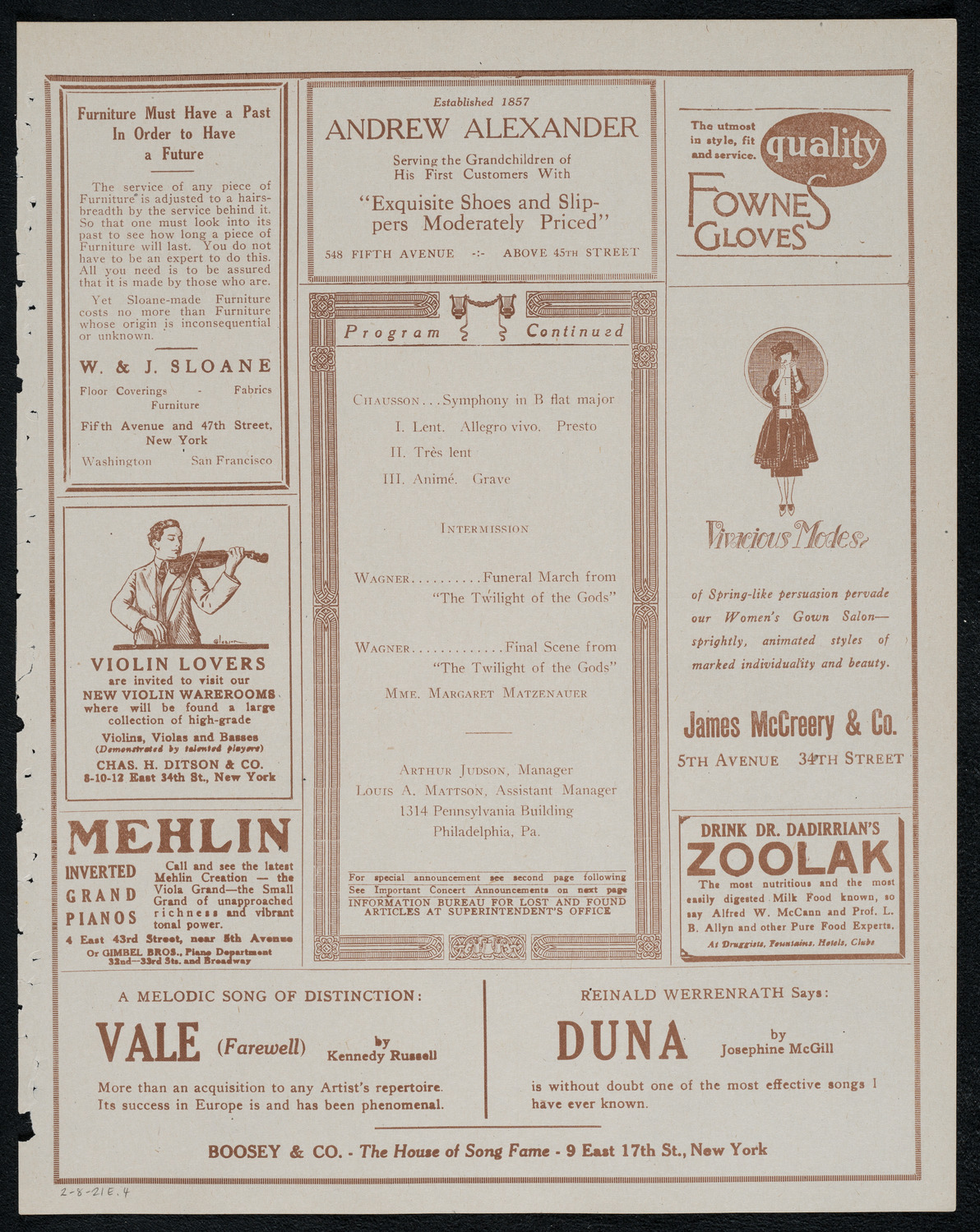 Philadelphia Orchestra, February 8, 1921, program page 7