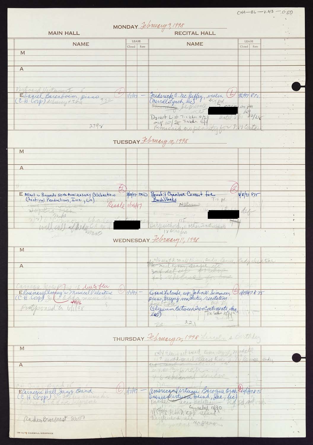 Carnegie Hall Booking Ledger, volume 43, page 50