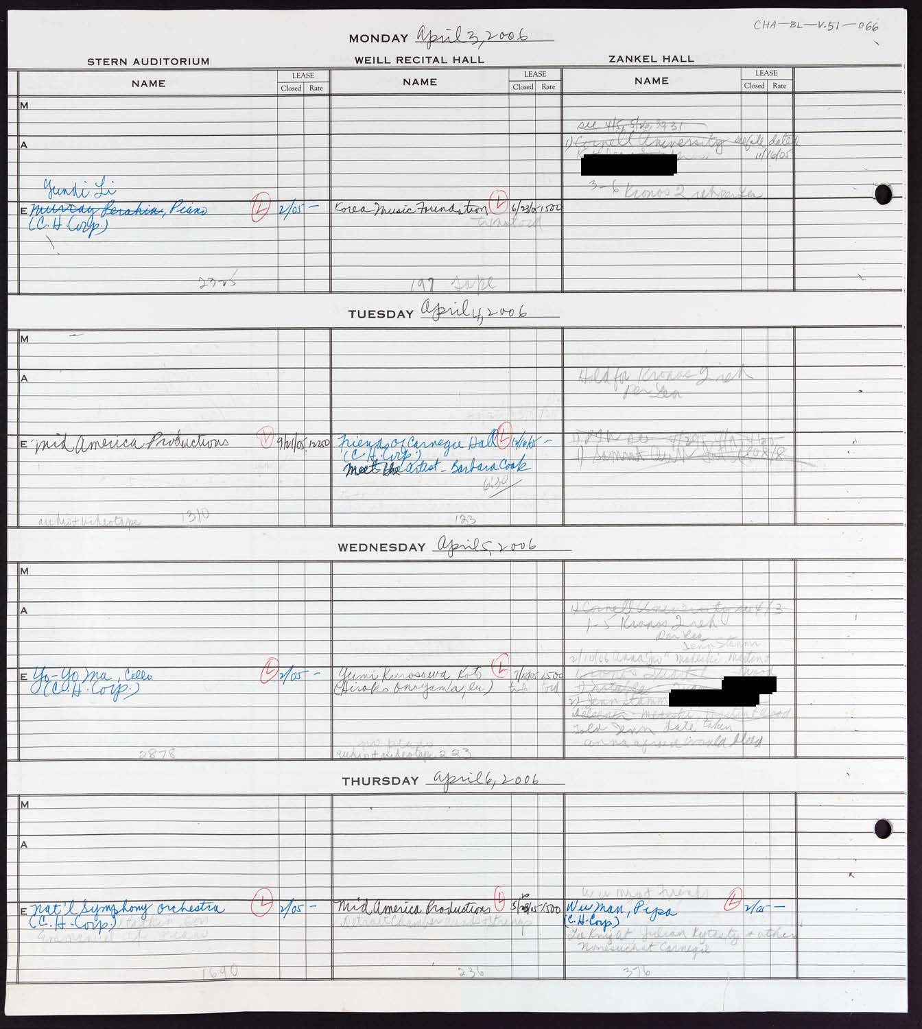 Carnegie Hall Booking Ledger, volume 51, page 66