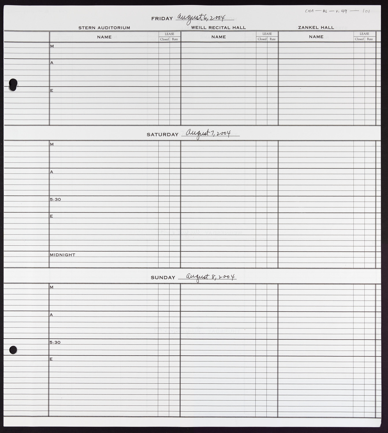Carnegie Hall Booking Ledger, volume 49, page 101