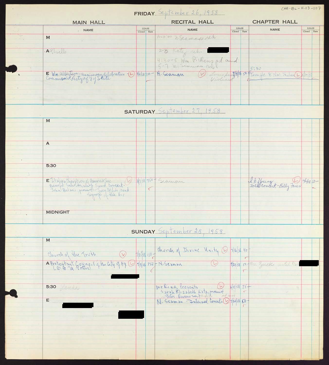 Carnegie Hall Booking Ledger, volume 3, page 107