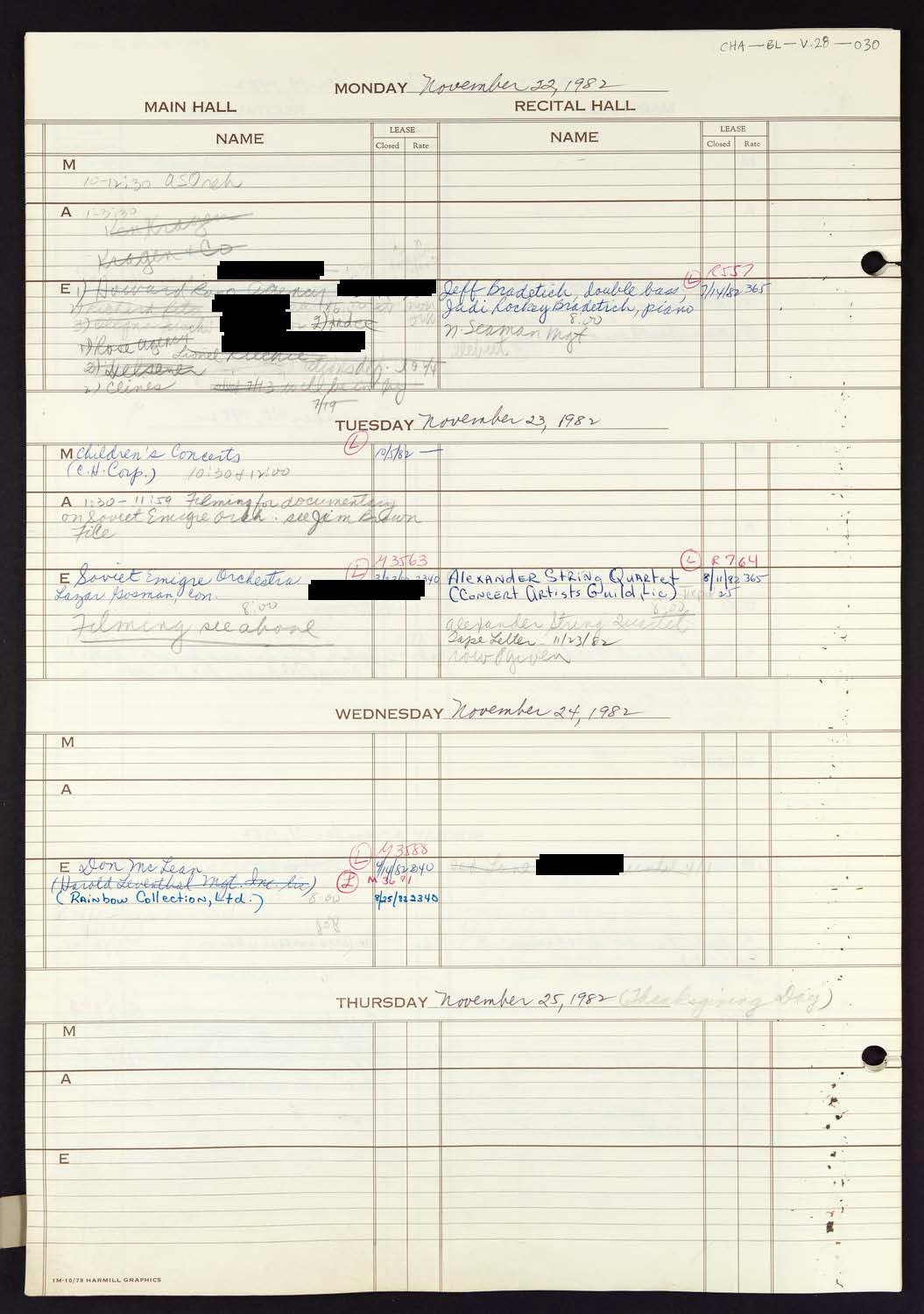 Carnegie Hall Booking Ledger, volume 28, page 30