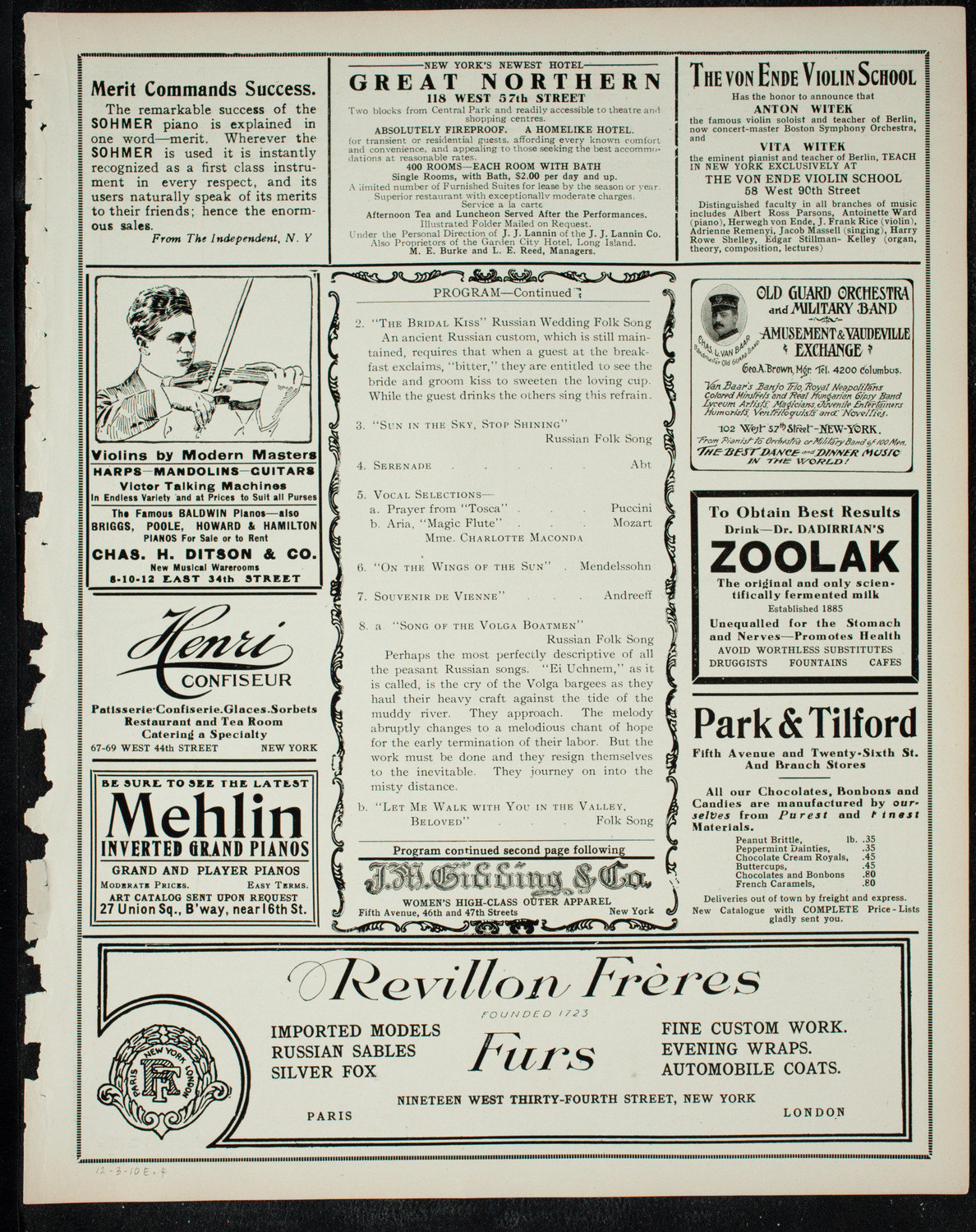 Great Imperial Russian Court Balalaika Orchestra, December 3, 1910, program page 7