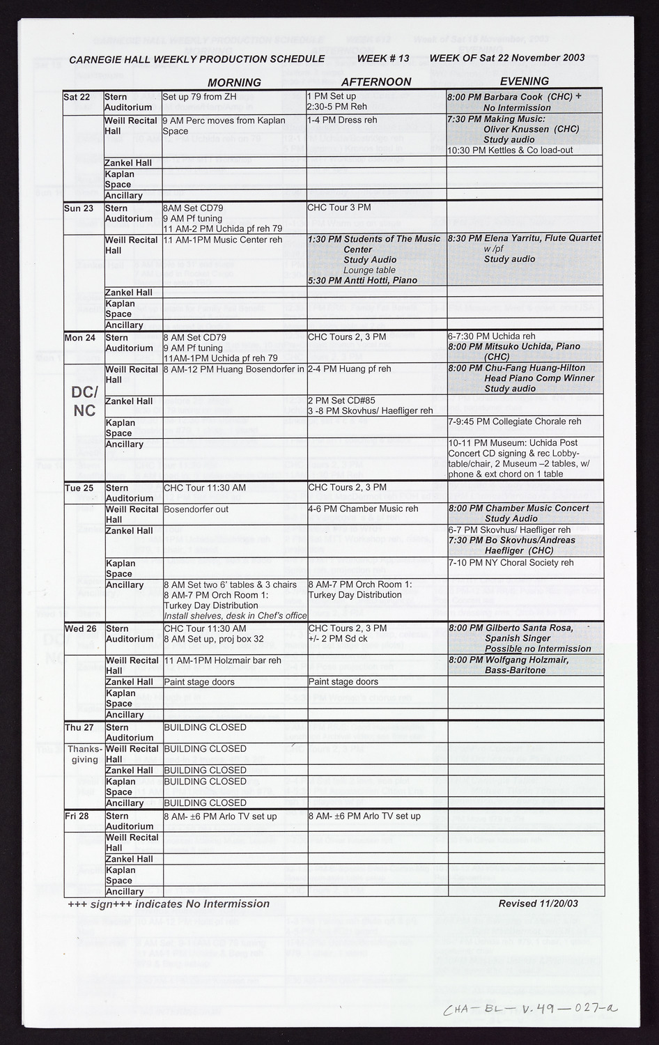 Carnegie Hall Booking Ledger, volume 49, page 27a