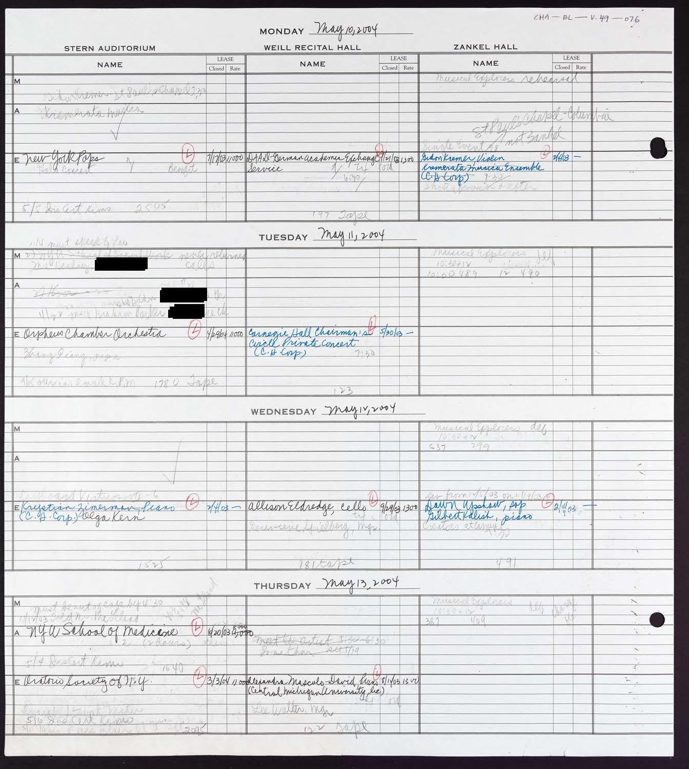 Carnegie Hall Booking Ledger, volume 49, page 76