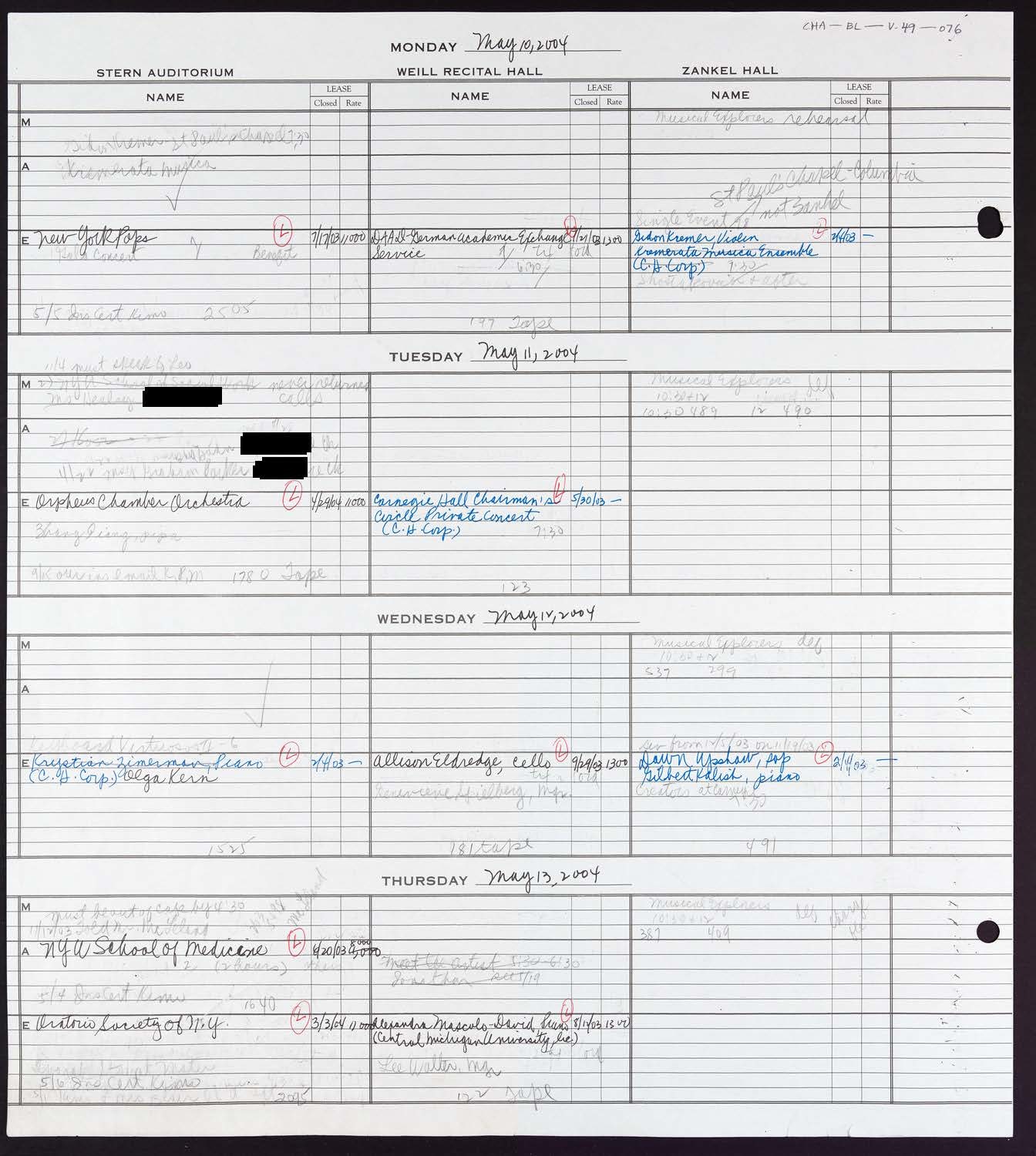 Carnegie Hall Booking Ledger, volume 49, page 76