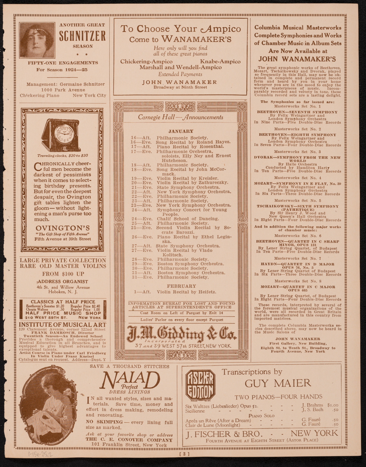 New York Philharmonic, January 15, 1925, program page 3