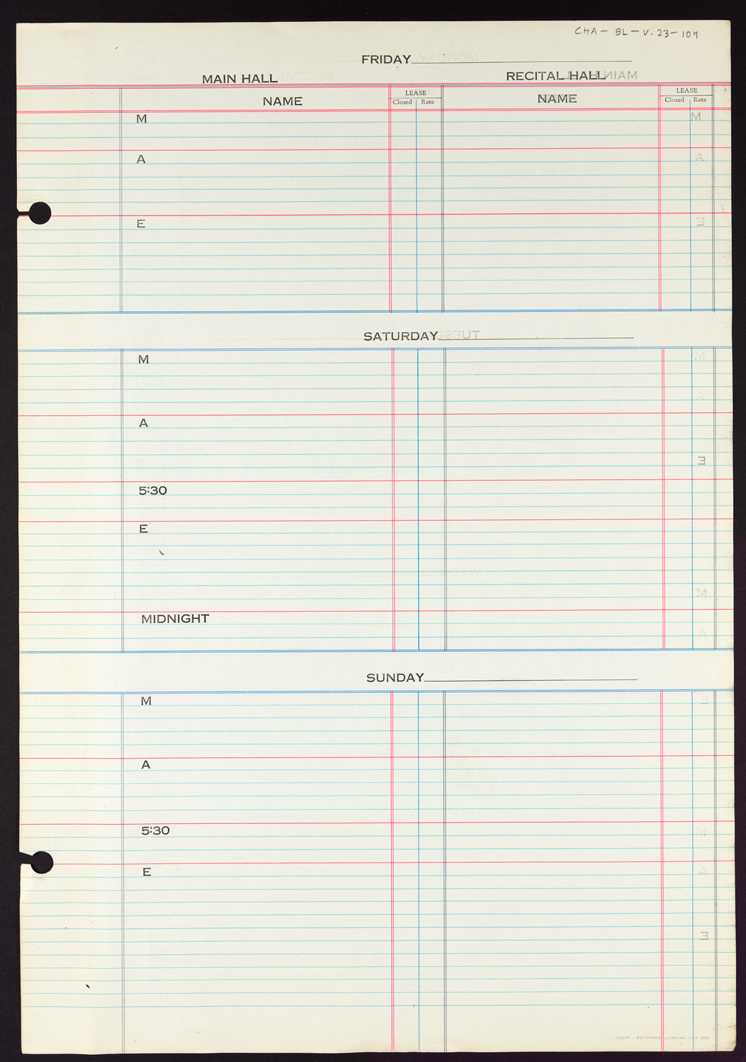 Carnegie Hall Booking Ledger, volume 23, page 109