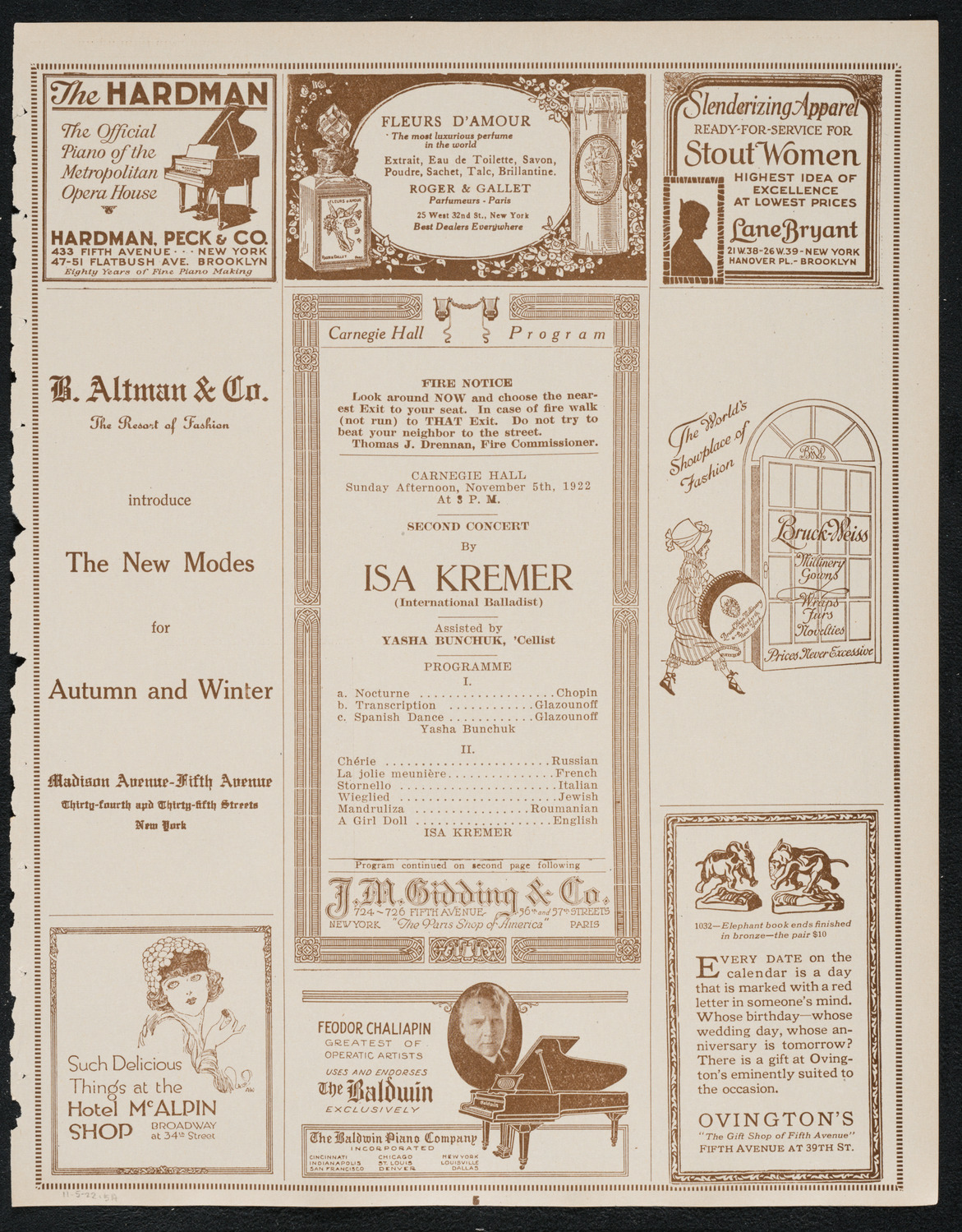 Isa Kremer, Soprano, November 5, 1922, program page 5