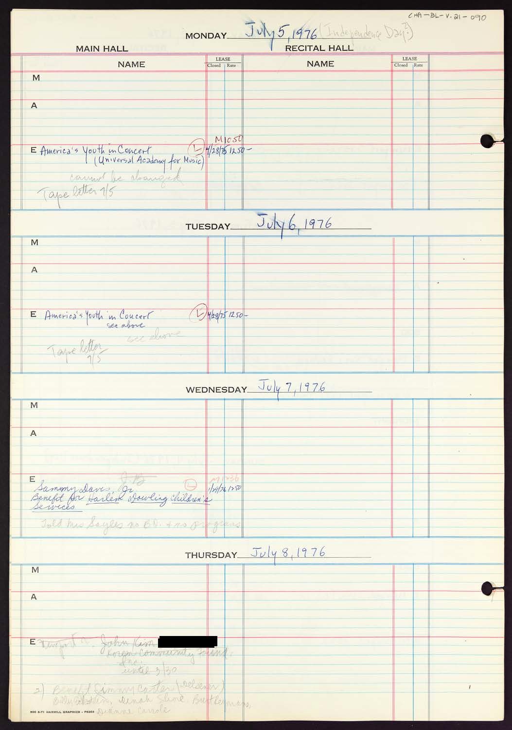 Carnegie Hall Booking Ledger, volume 21, page 90