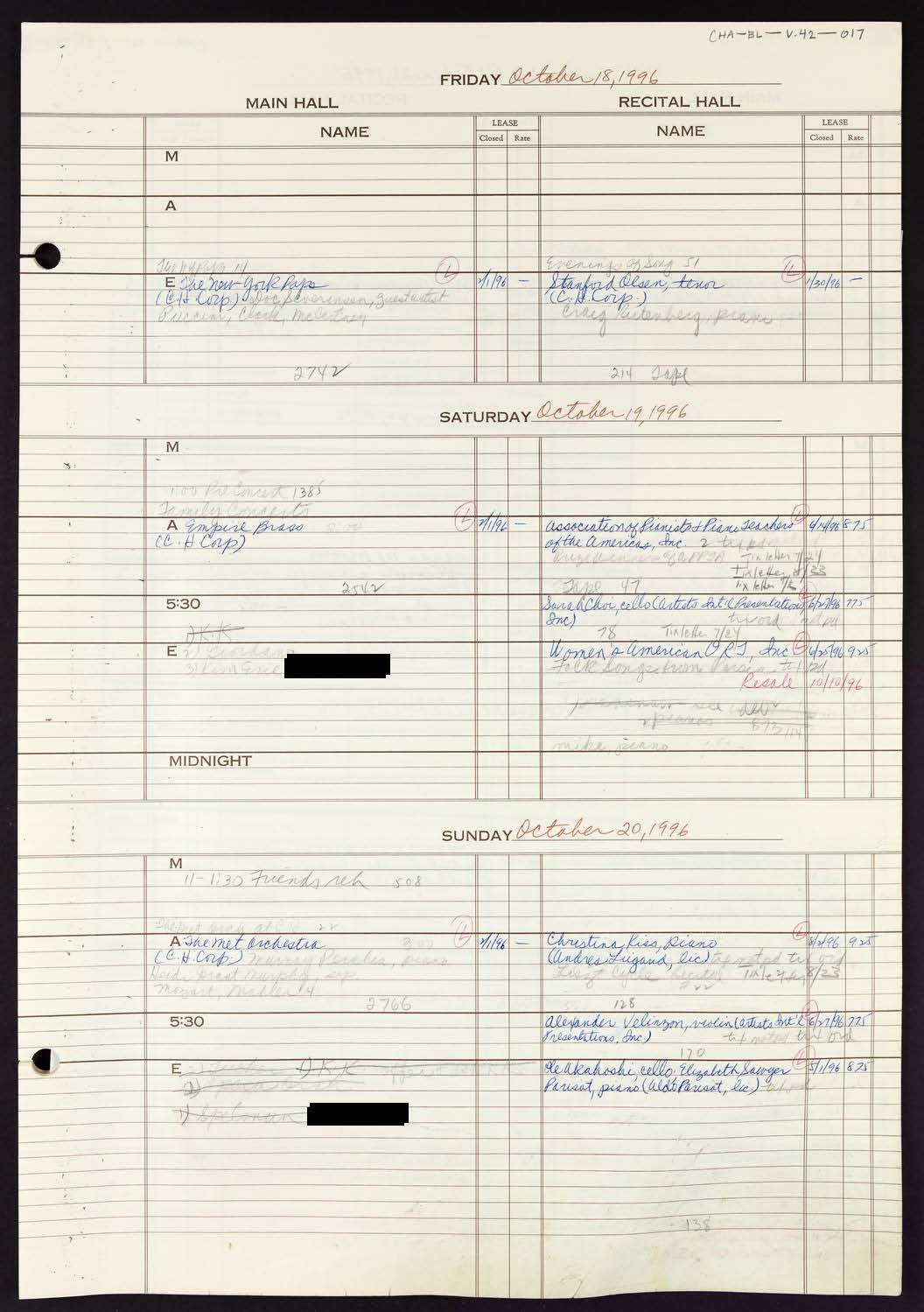 Carnegie Hall Booking Ledger, volume 42, page 17