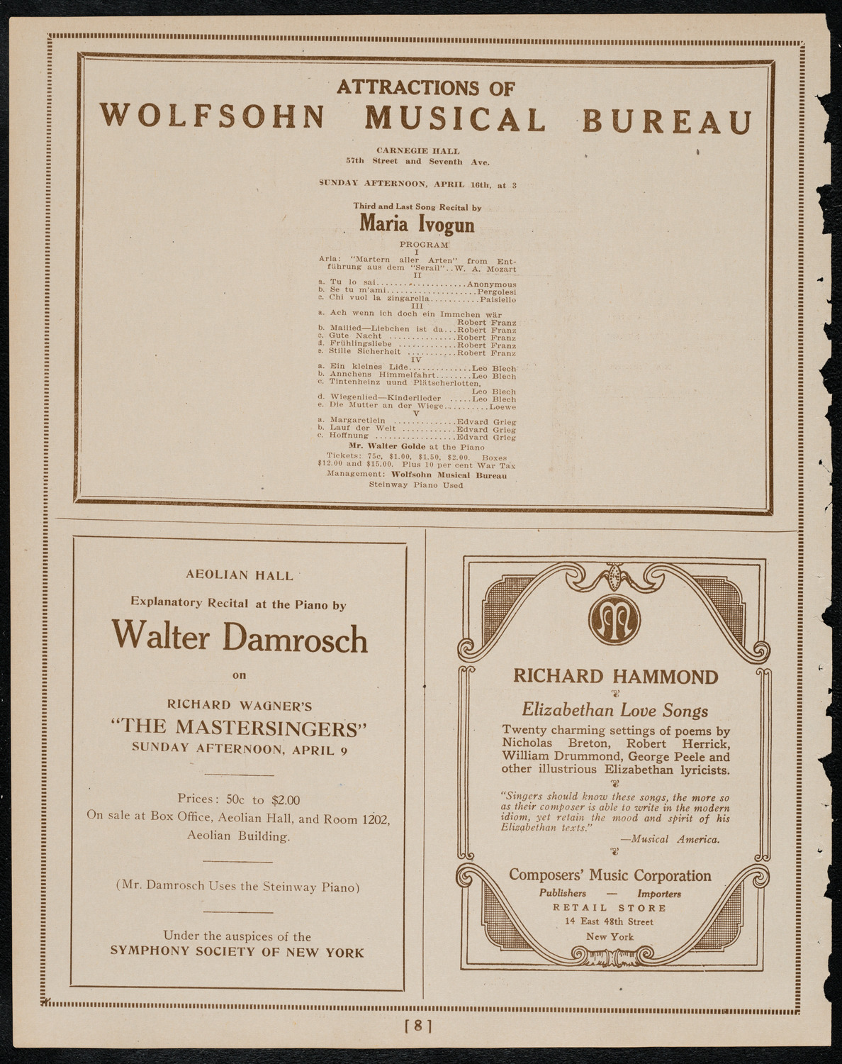 Reinald Werrenrath, Baritone, April 2, 1922, program page 8