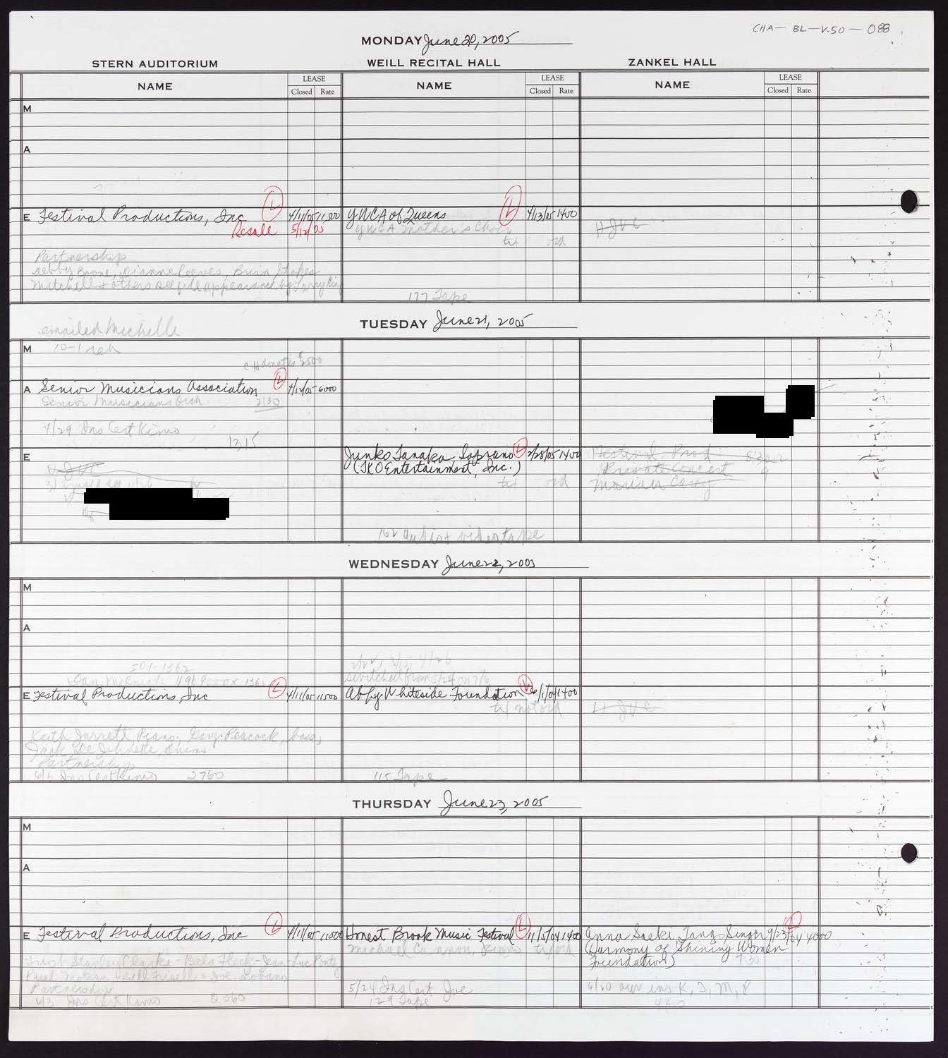 Carnegie Hall Booking Ledger, volume 50, page 88