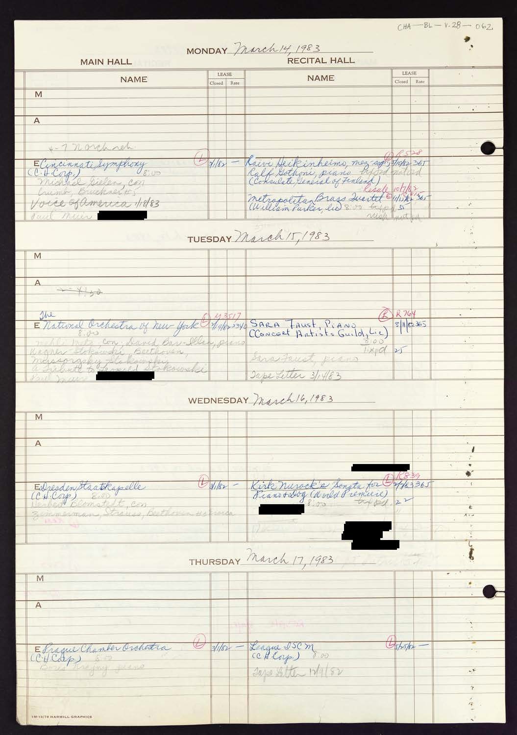 Carnegie Hall Booking Ledger, volume 28, page 62