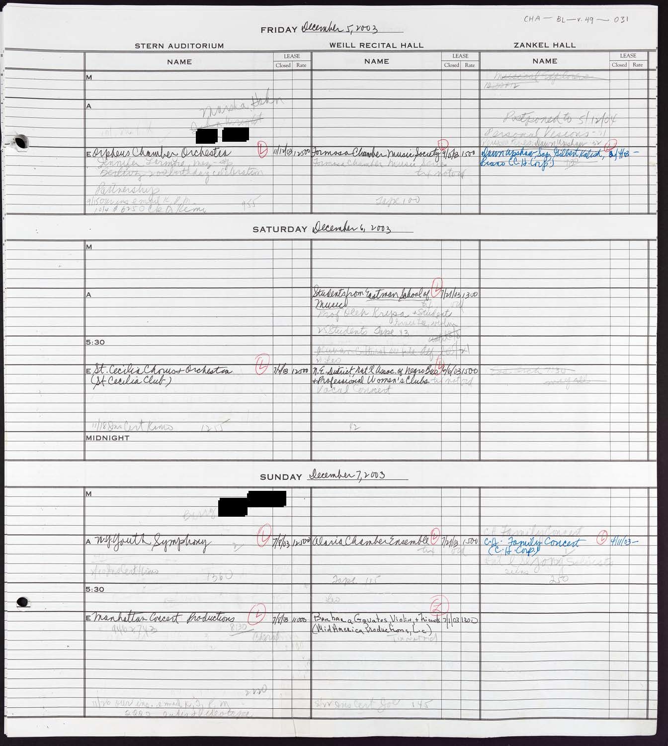 Carnegie Hall Booking Ledger, volume 49, page 31