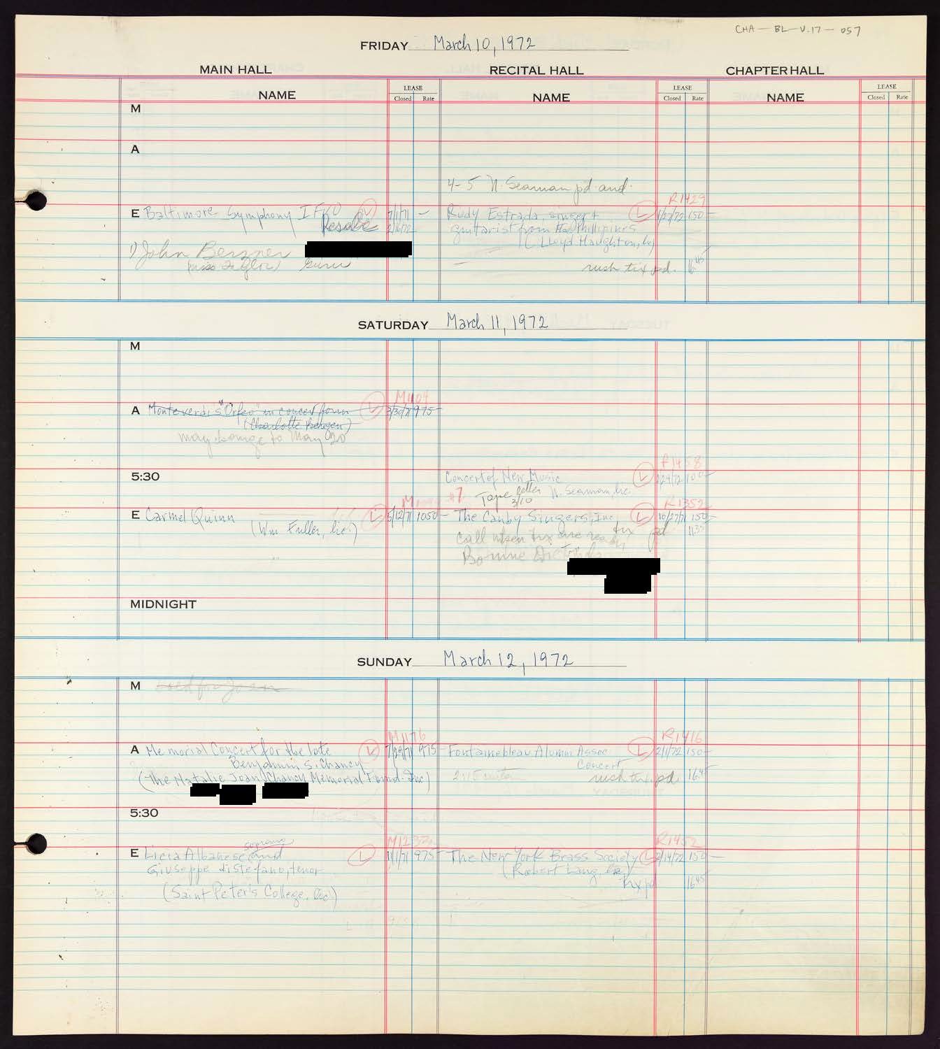 Carnegie Hall Booking Ledger, volume 17, page 57