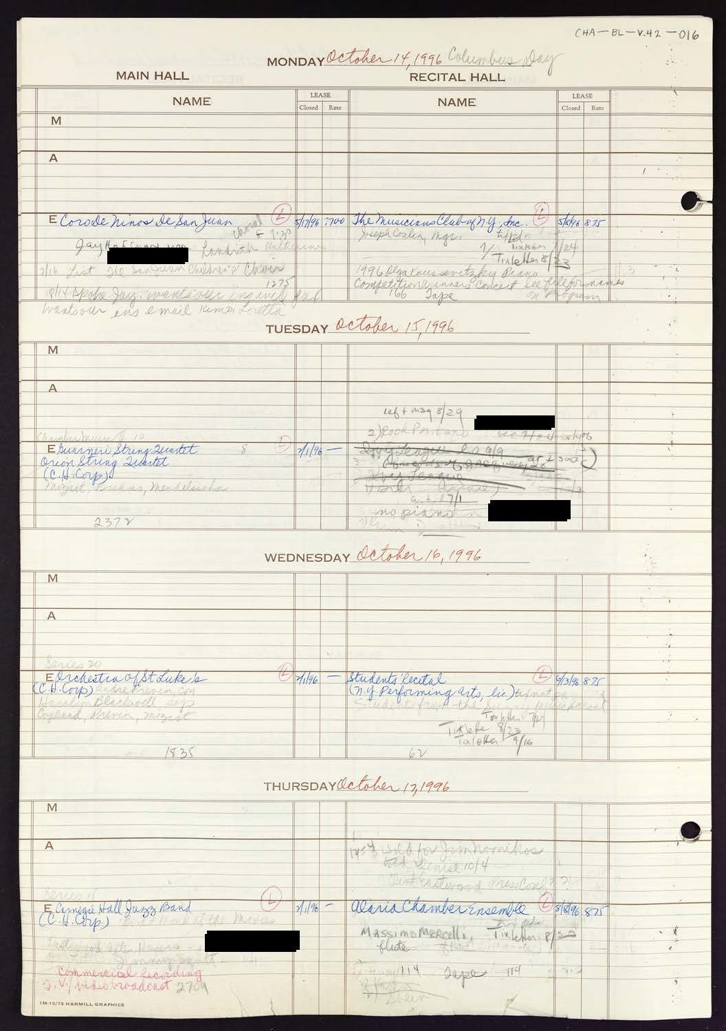 Carnegie Hall Booking Ledger, volume 42, page 16