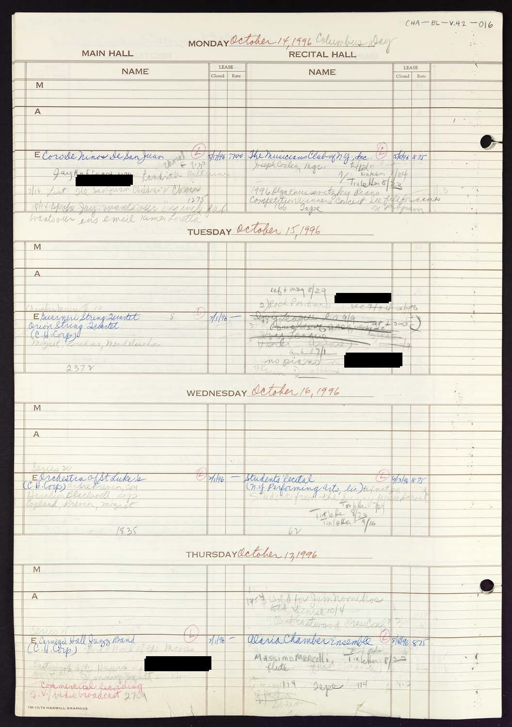 Carnegie Hall Booking Ledger, volume 42, page 16