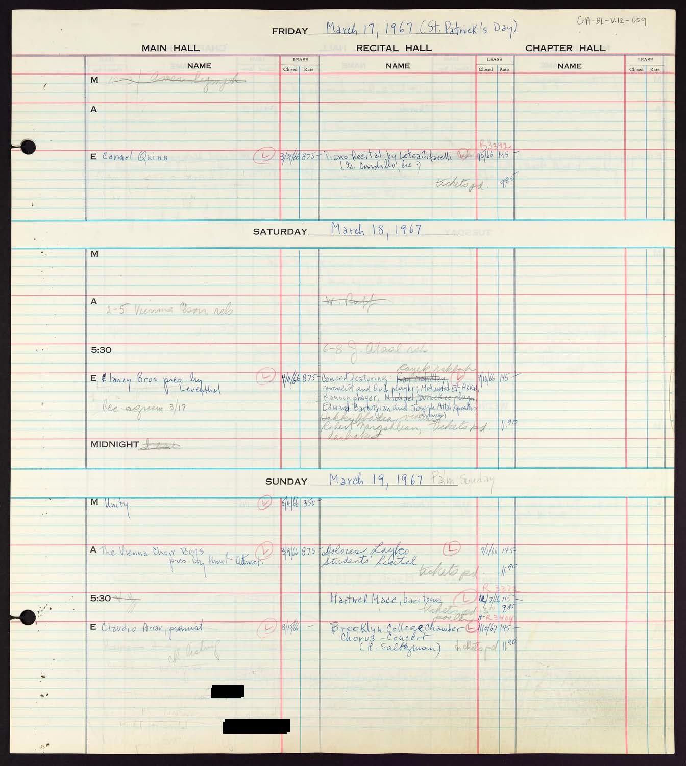 Carnegie Hall Booking Ledger, volume 12, page 59