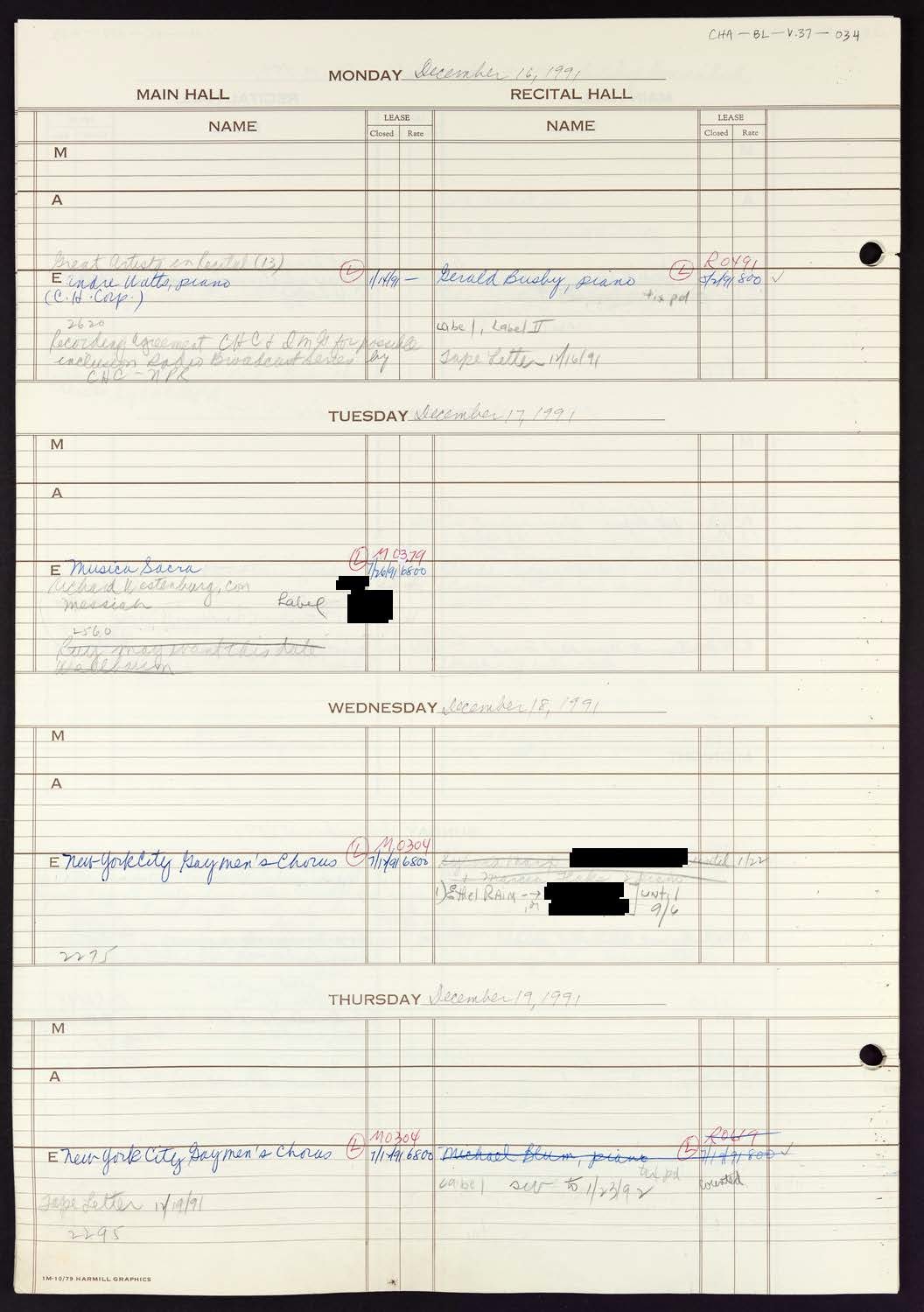 Carnegie Hall Booking Ledger, volume 37, page 34