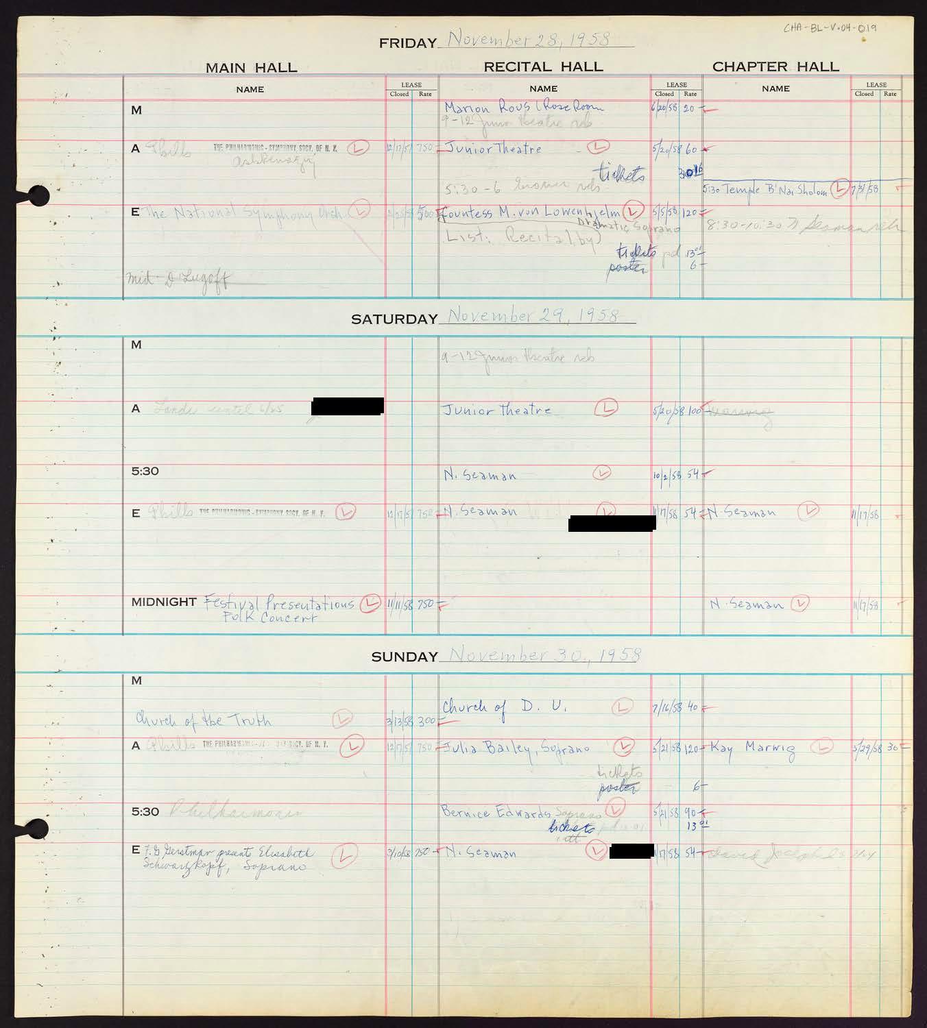 Carnegie Hall Booking Ledger, volume 4, page 19