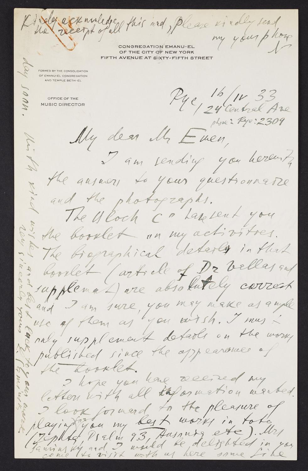 Correspondence from Lazare Saminsky to David Ewen, page 1 of 5