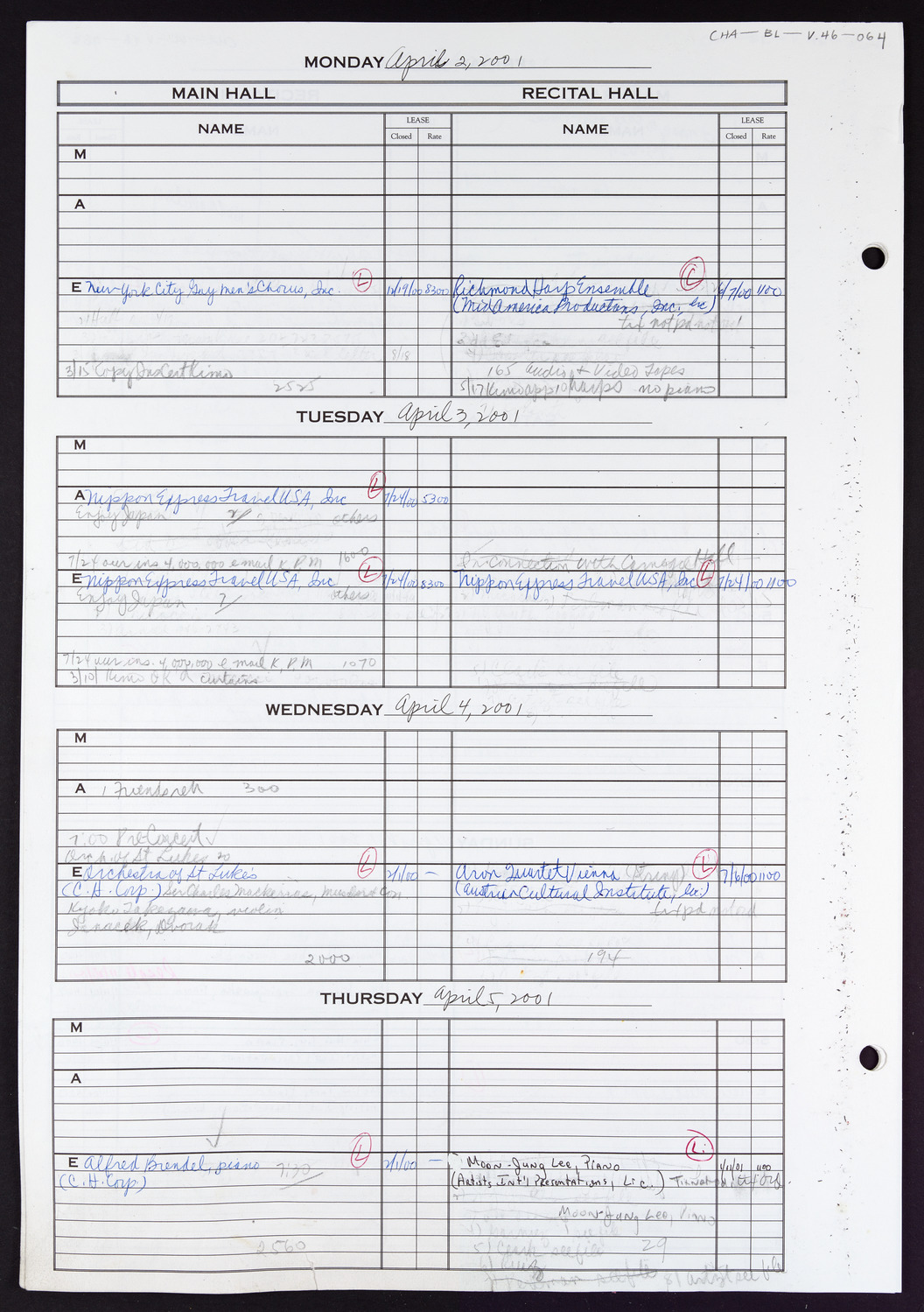 Carnegie Hall Booking Ledger, volume 46, page 64