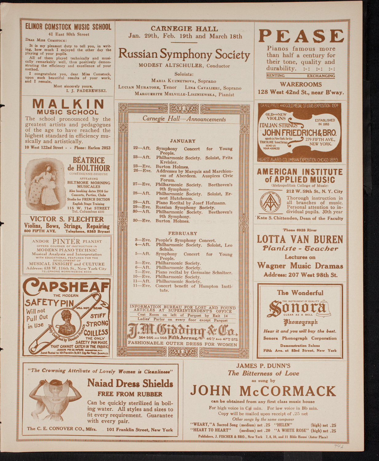 New York Philharmonic, January 21, 1916, program page 3