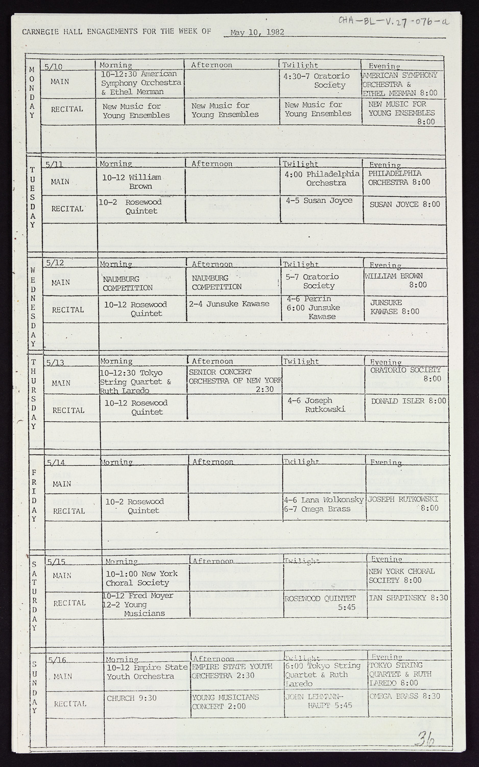 Carnegie Hall Booking Ledger, volume 27, page 76a