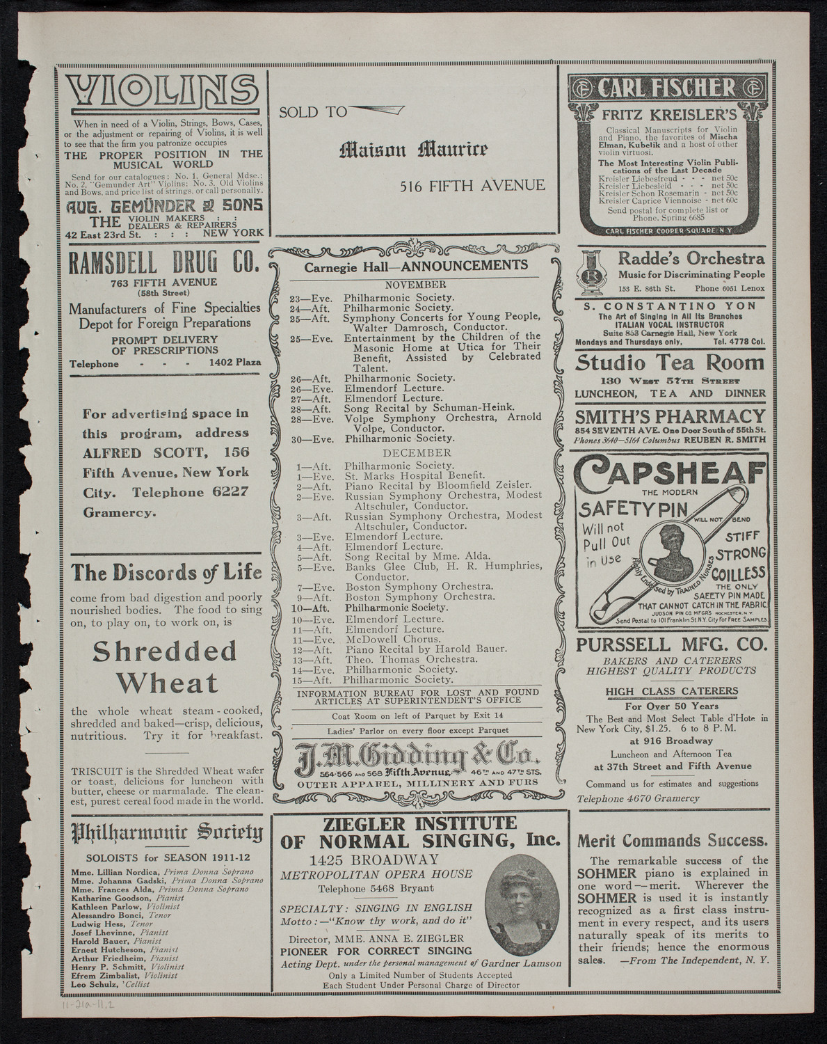 Efrem Zimbalist, Violin, November 21, 1911, program page 3