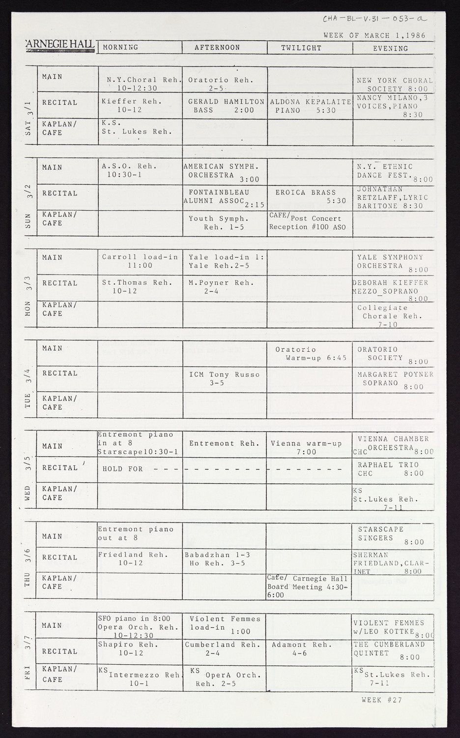 Carnegie Hall Booking Ledger, volume 31, page 53a