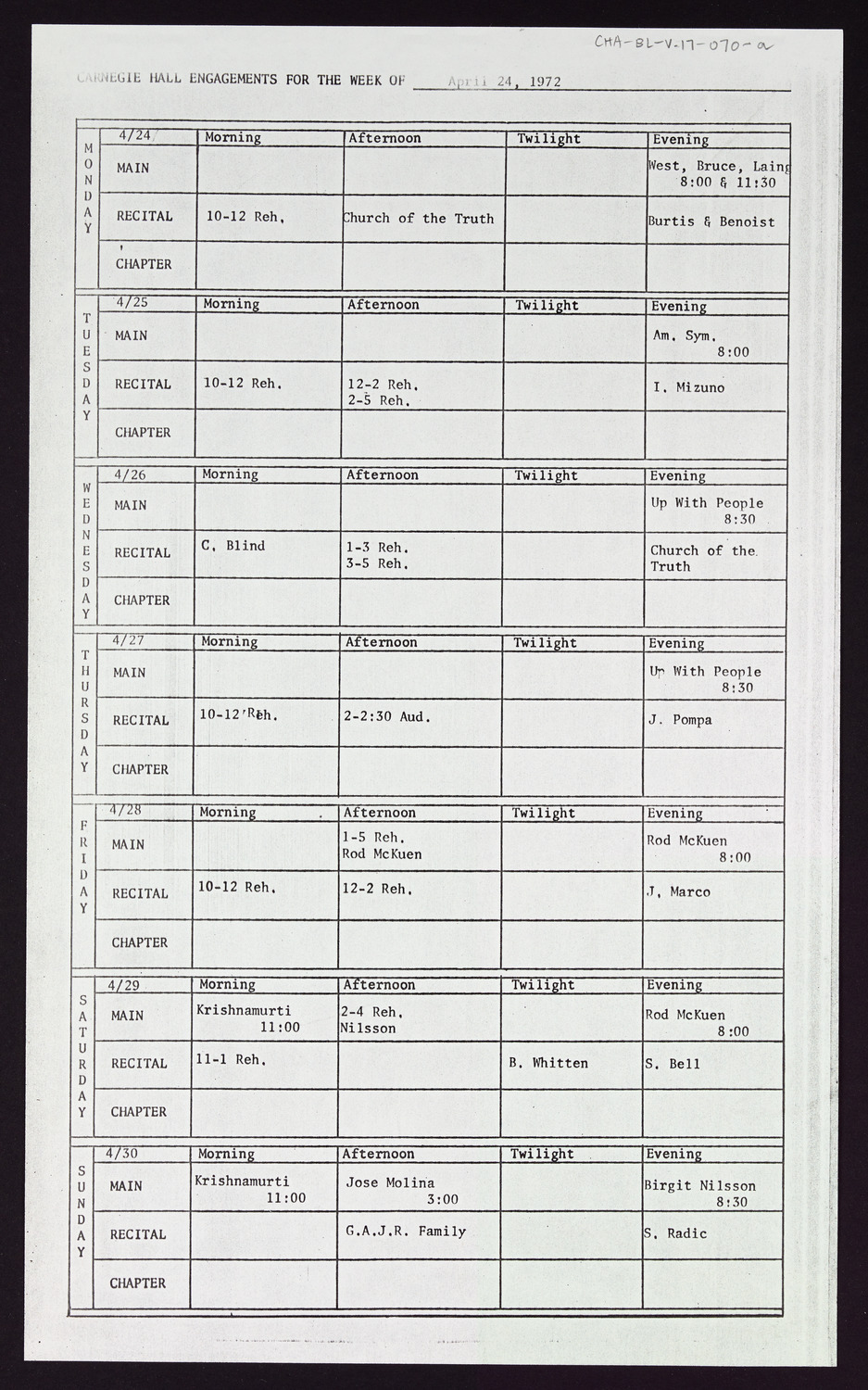 Carnegie Hall Booking Ledger, volume 17, page 70a