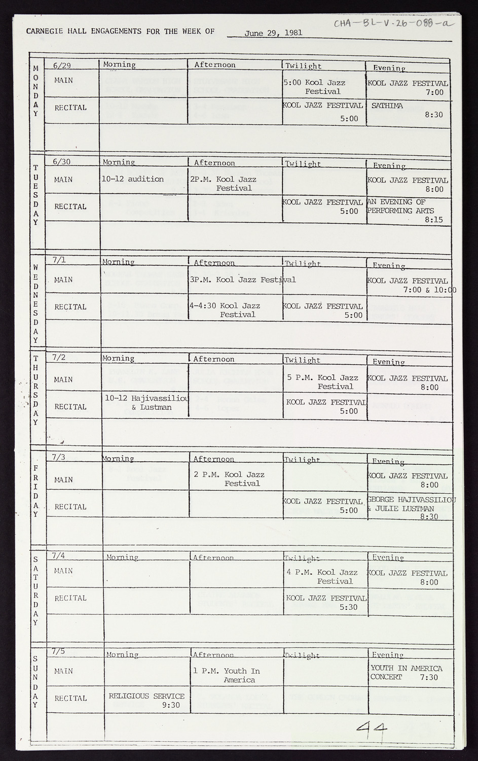 Carnegie Hall Booking Ledger, volume 26, page 88a