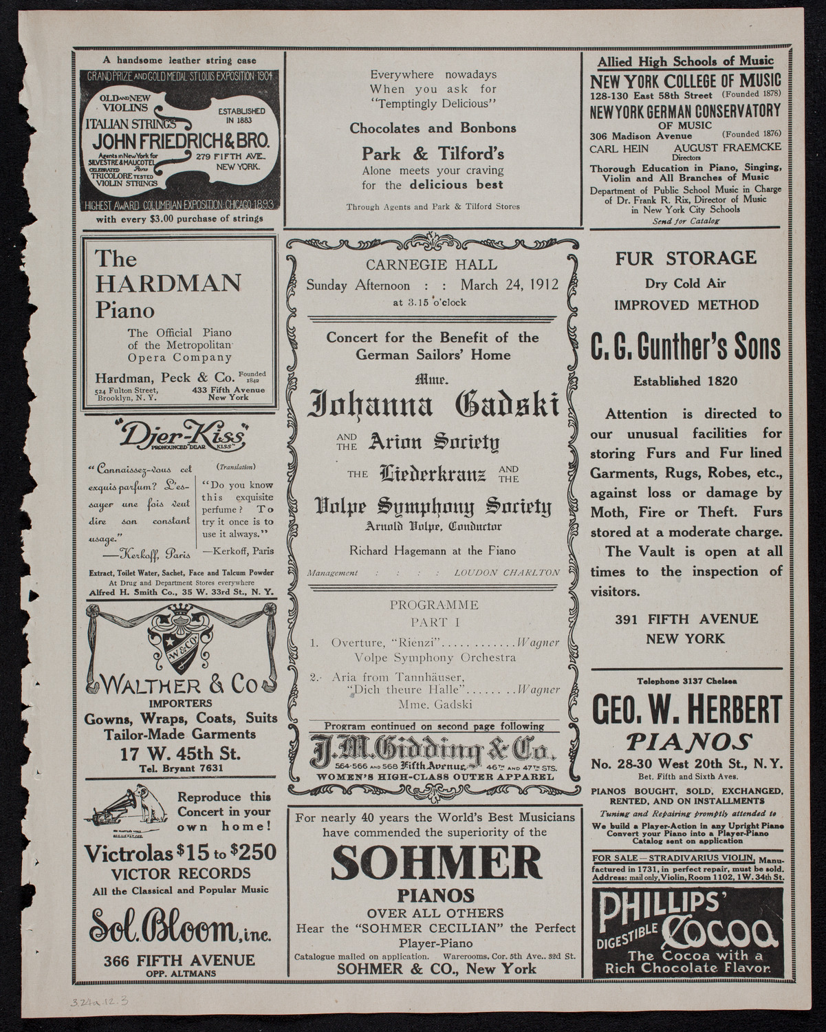 Johanna Gadski, Soprano, with the Arion Society, Liederkranz, and Volpe Symphony Society, March 24, 1912, program page 5