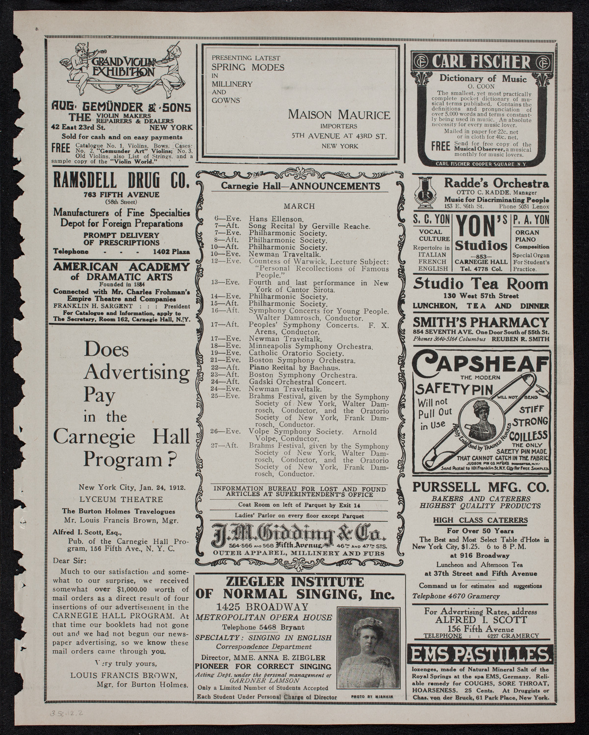 Musical Art Society of New York, March 5, 1912, program page 3