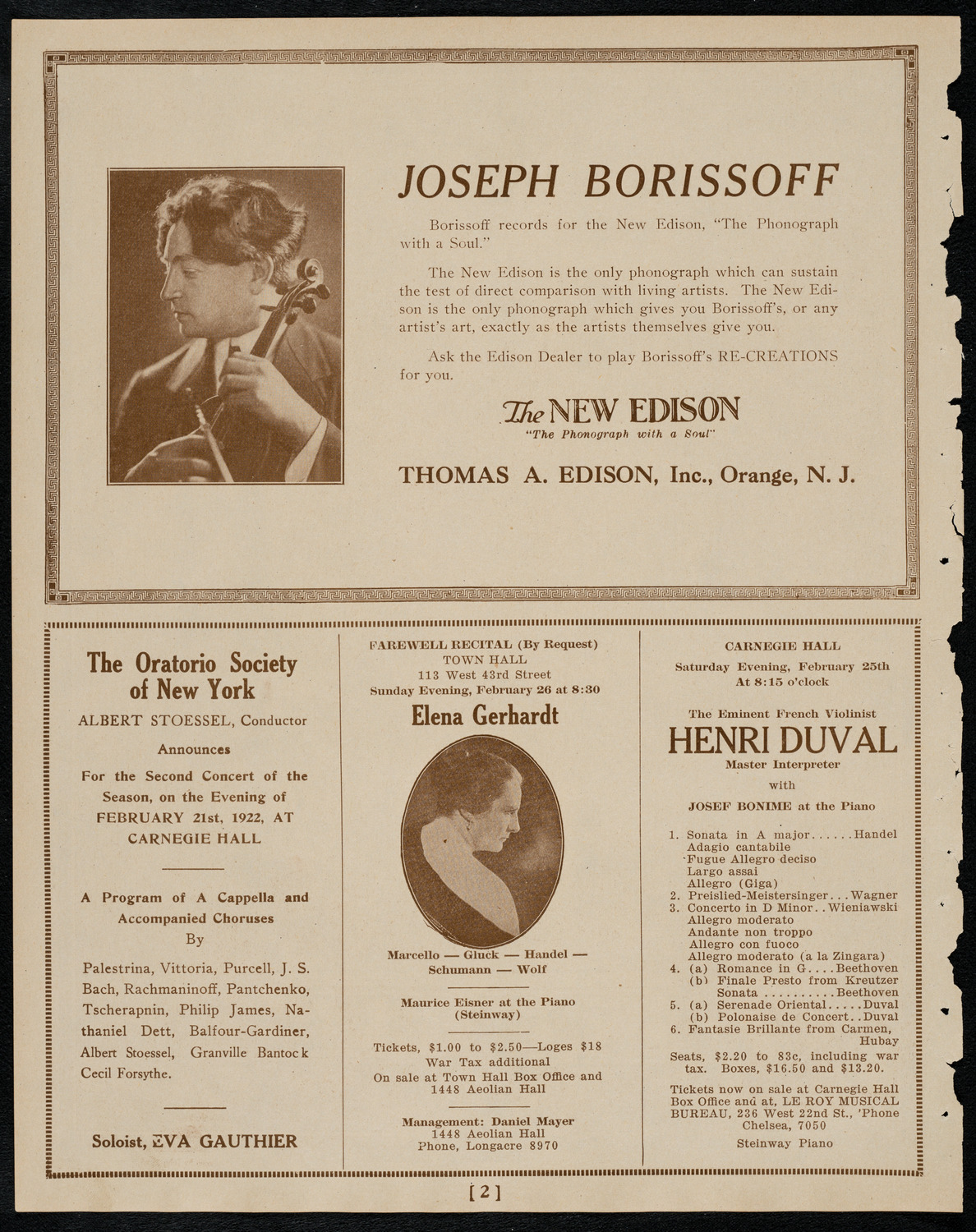 Bronislaw Huberman, Violin, February 15, 1922, program page 2