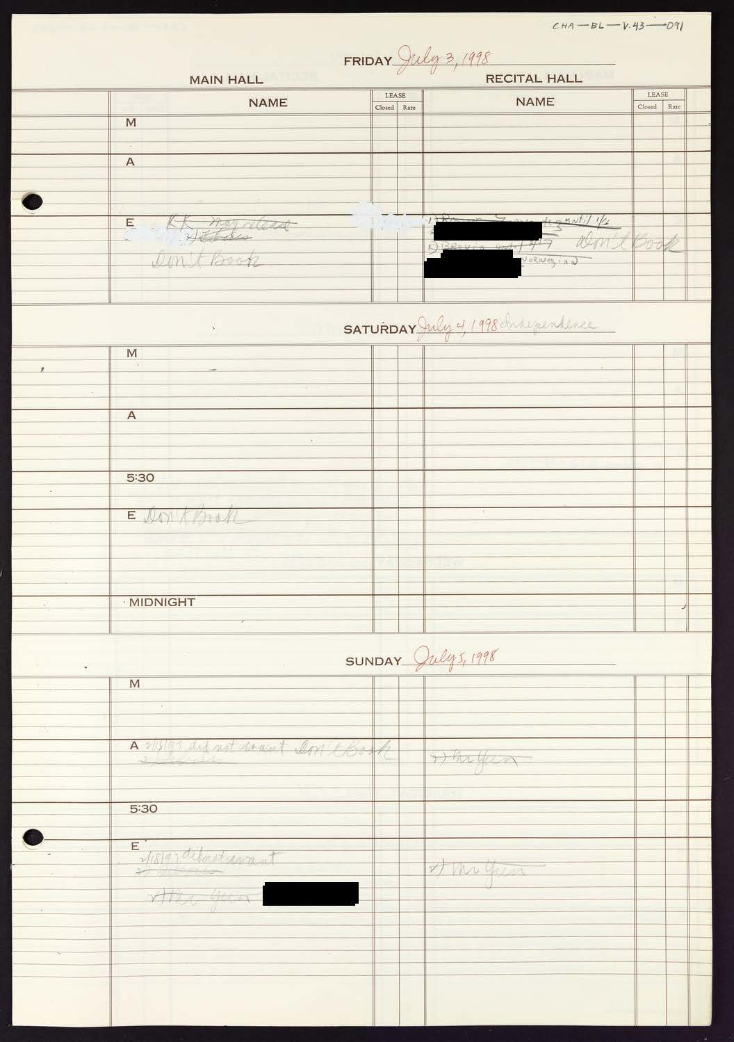 Carnegie Hall Booking Ledger, volume 43, page 91